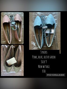 3 Pairs Pointed women’s Flats - Pink, Blue, Olive Green
